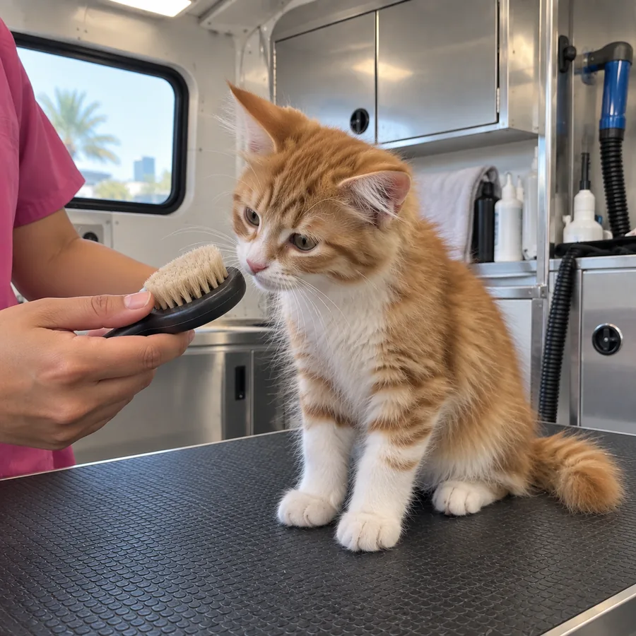 A young kitten sniffing a soft grooming brush held low by a groomer